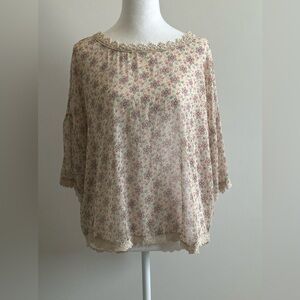 Free People Semi Sheer Floral Short Sleeve Crochet Trim Blouse Size M